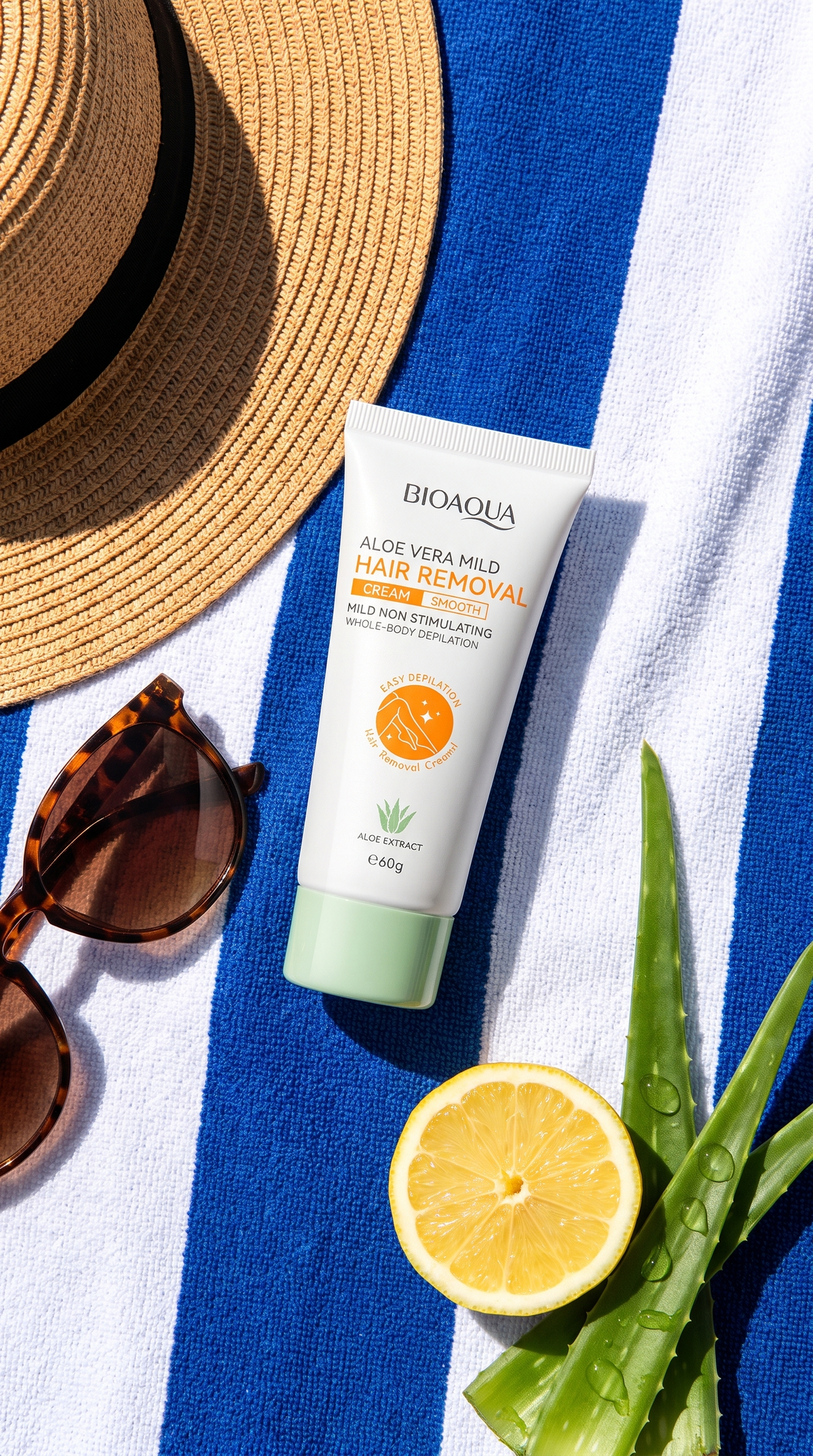 Crema BIOAQUA en una toalla de playa con gafas de sol